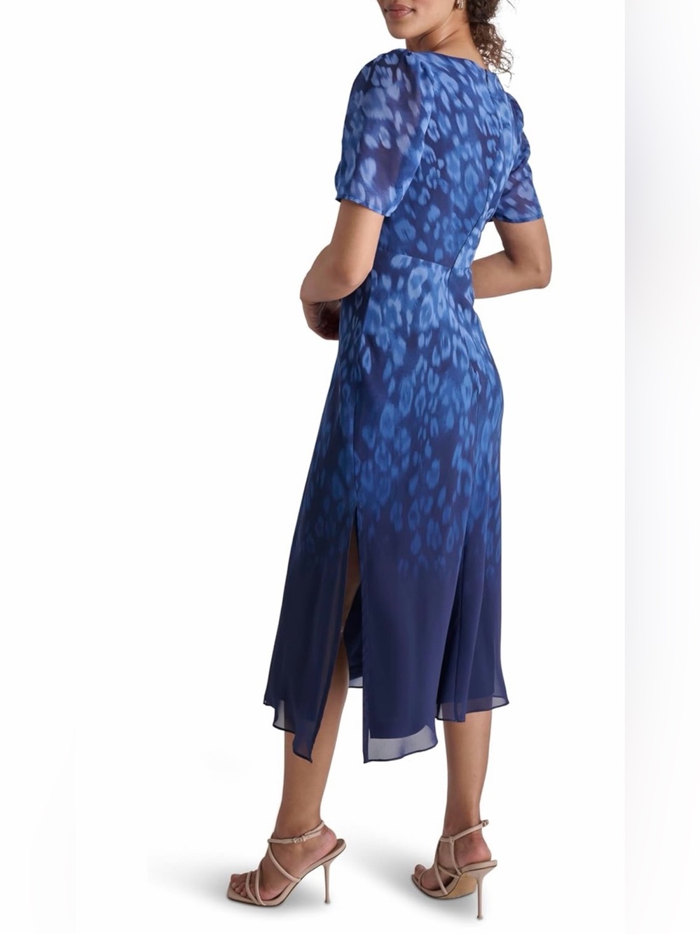 Dkny Blue Women's Short Sleeve Sweetheart Neck Lined Side Slit Midi Dress - Picture 3 of 12